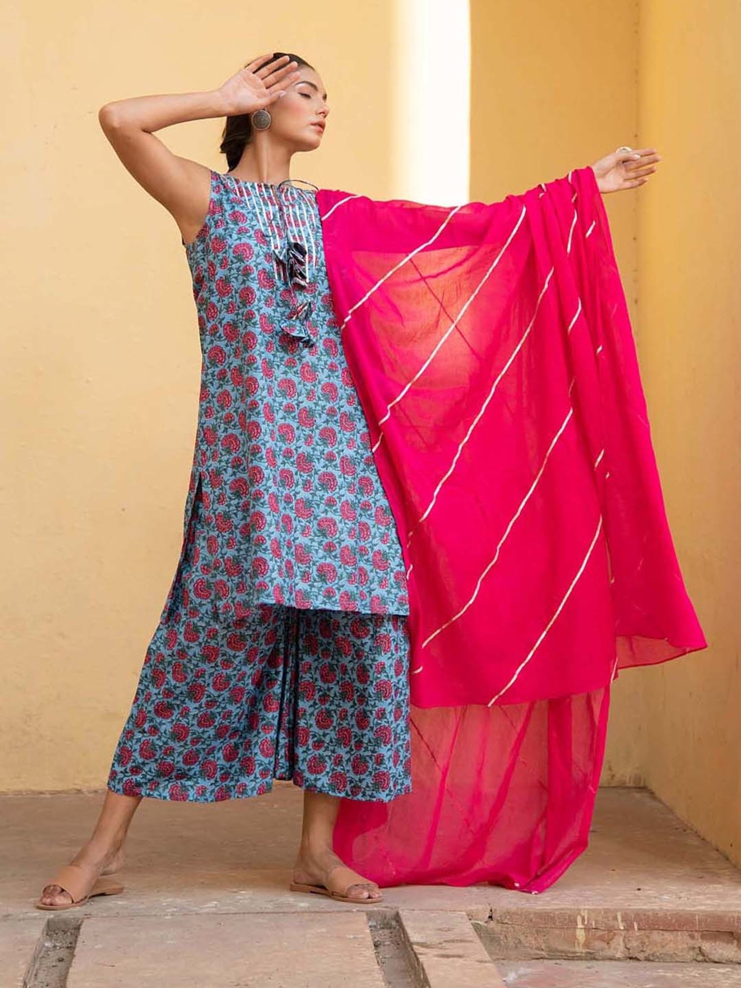 KAORI BY SHREYA AGARWAL Blue Cotton Printed Kurta Palazzo Set With Dupatta