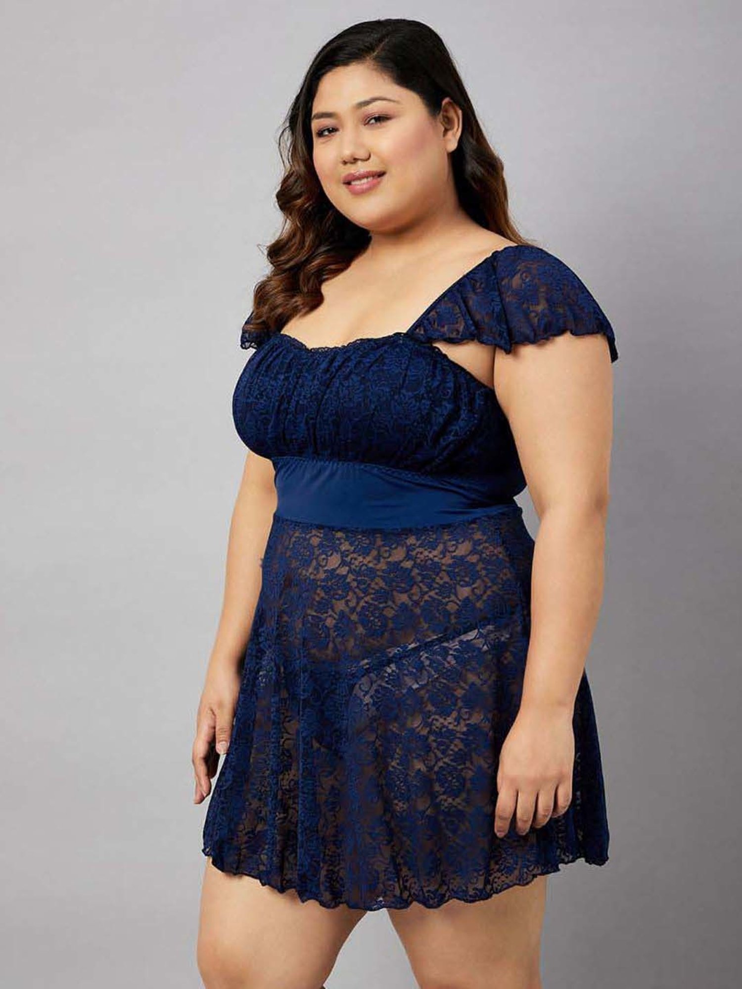 Secrets By ZeroKaata Black & Blue Lace Work Babydoll with Panty - Pack Of 2