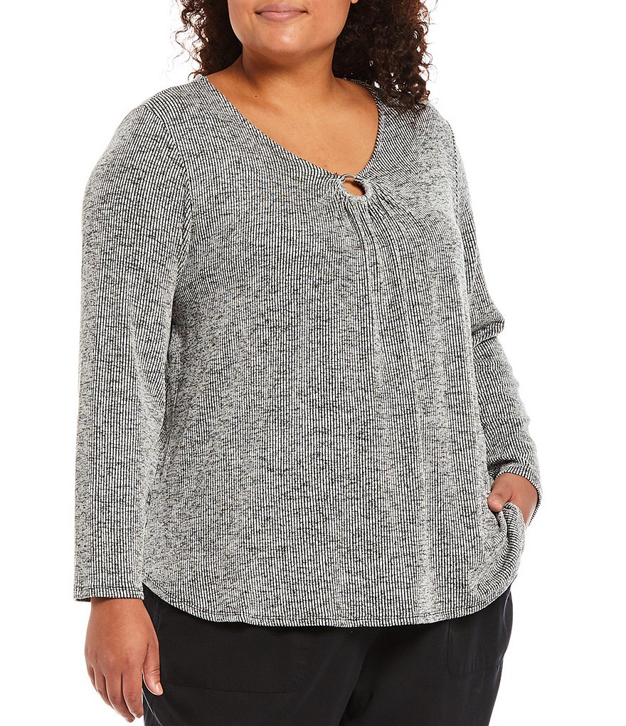 Ruby Rd. Plus Size Marled Rib Knit Ring Keyhole V-Neck Detail Long Sleeve Top