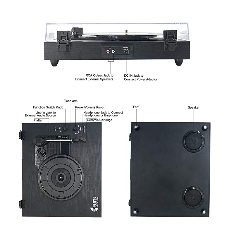 Record Player for 334578 RPM Vinyl RecordsBluetooth BeltDrive Turntable with Builtin Stereo Speakers Black Wood
