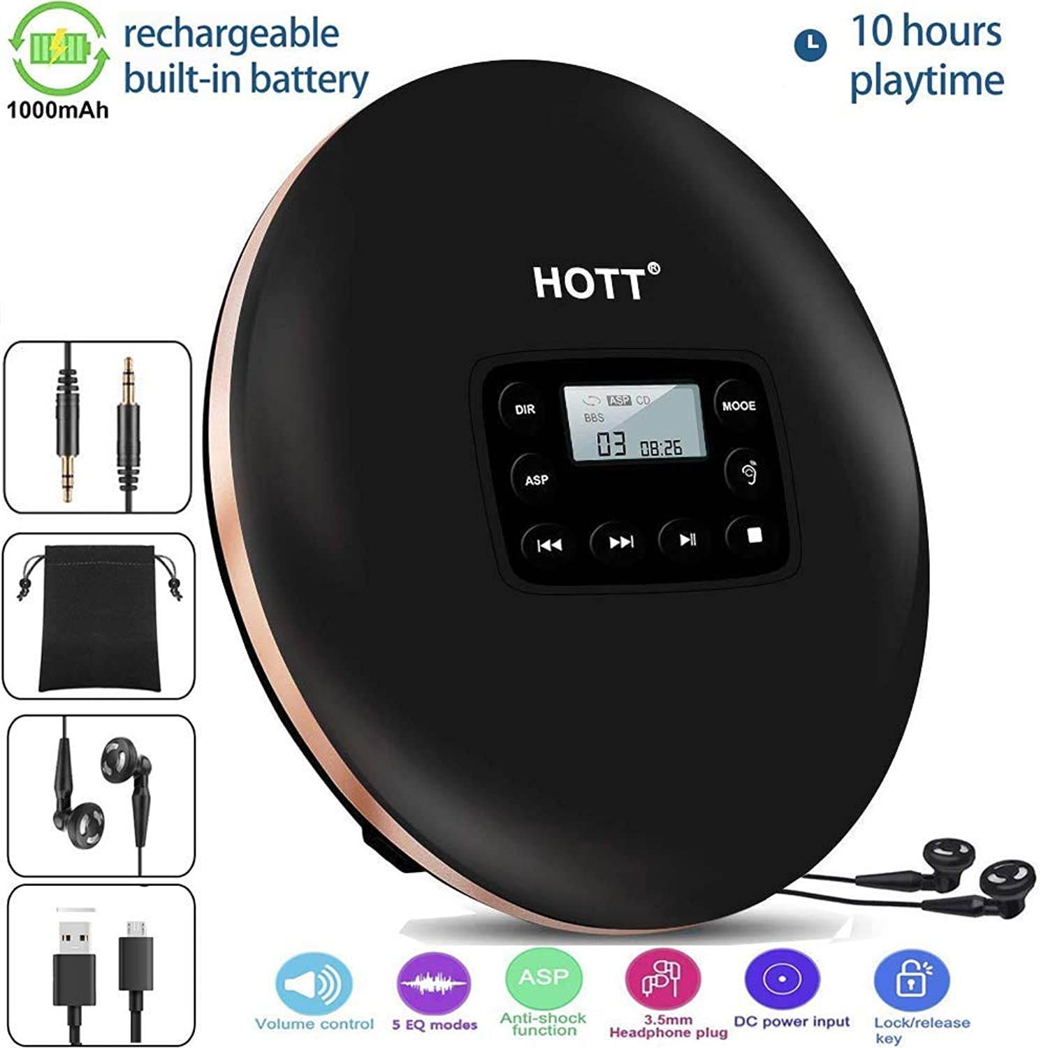 CD Player with Headphones, HOTT Personal CD Walkman Music Player with LCD Display, Skip Protection Shockproof Anti Scratch Function, Support CD, MP3 CD, CD-R, CD-RW Format - Black