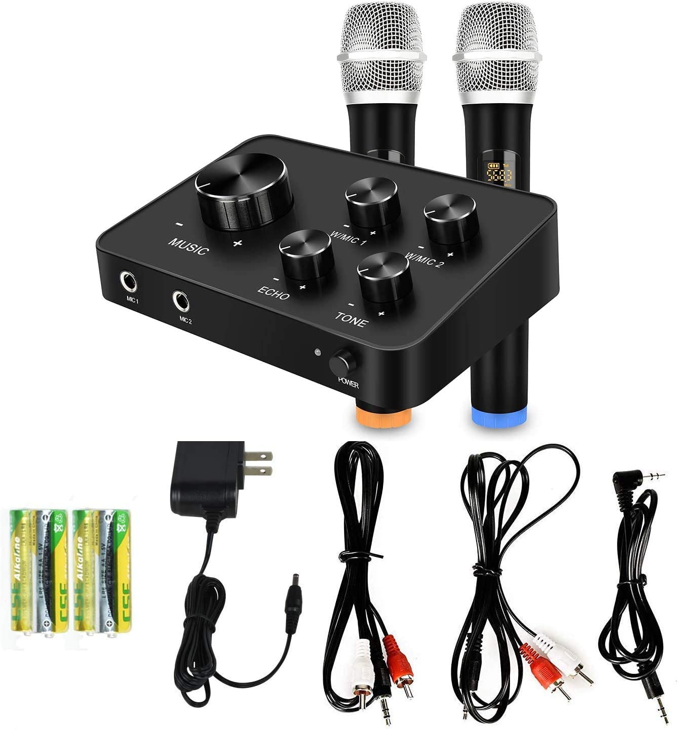 Portable Karaoke Microphone Mixer System Set, with Dual UHF Wireless Mic, HDMI & AUX in/Out for Karaoke, Home Theater, Amplifier, Speaker