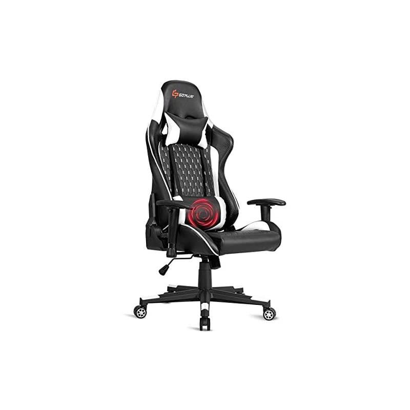 Massage Gaming Chair, Reclining Backrest Handrails and Seat Height Adjustment Racing Computer Office Chair, Ergonomic High Back Embroidered PU Swivel Game Chair with Headrest and Lumbar Cushion
