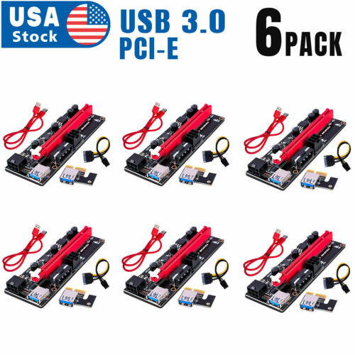 PCIe Riser Cable 1X to 16X Graphics Extension for GPU Mining Powered Riser Adapter Card, 60cm USB 3.0 Cable,PCI Express X1 to X16 GPU Mining Card, TWO 6Pin and Molex 3 Power Options-6pcs/Lot