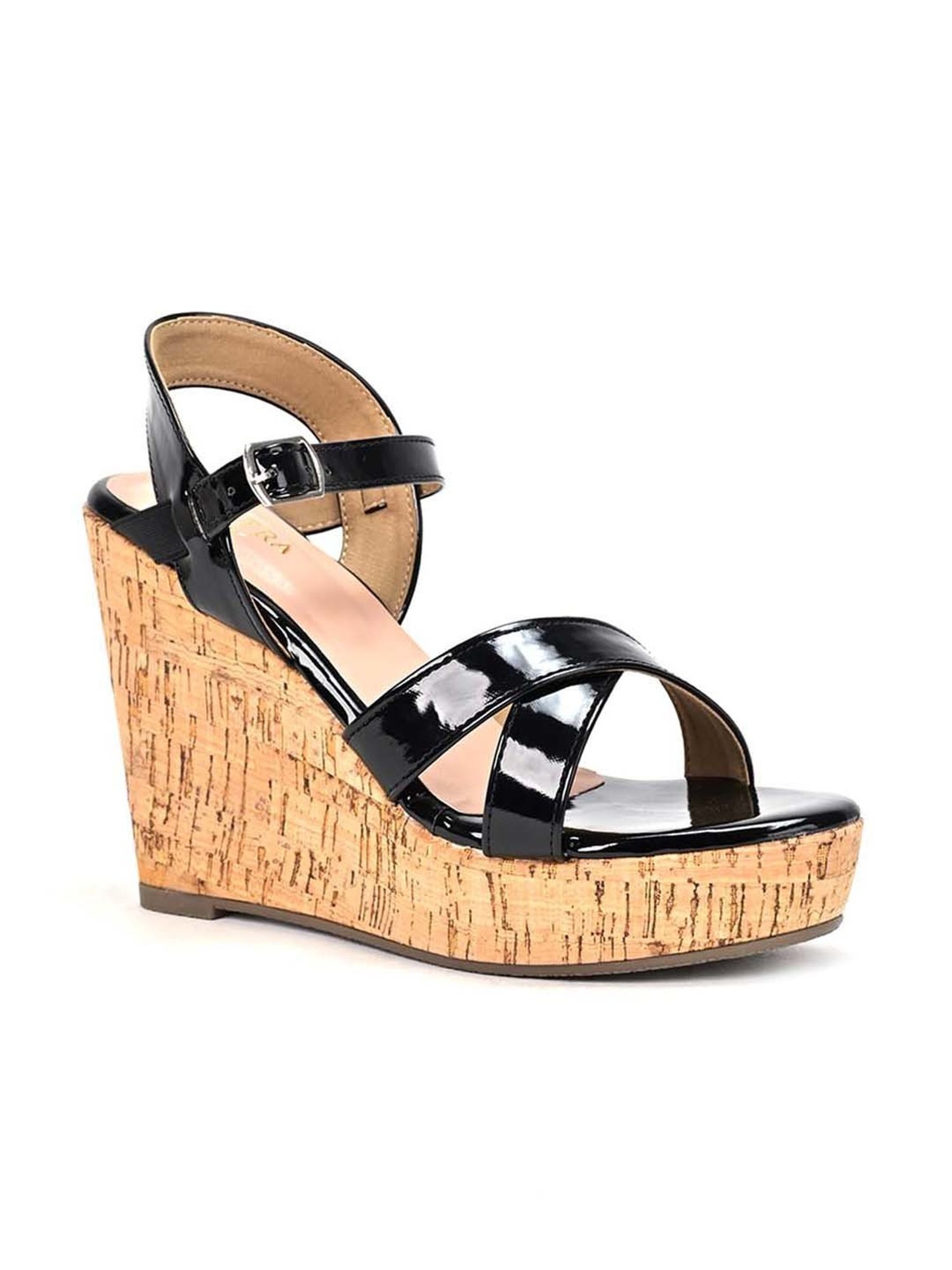 Scentra Women's Black Ankle Strap Wedges