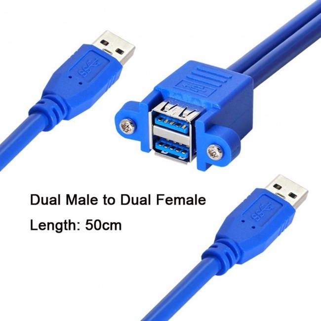 CY Combo Dual USB 3.0 Male to Stackable Female Extension Cable 50cm with Screw Panel Mount Holes