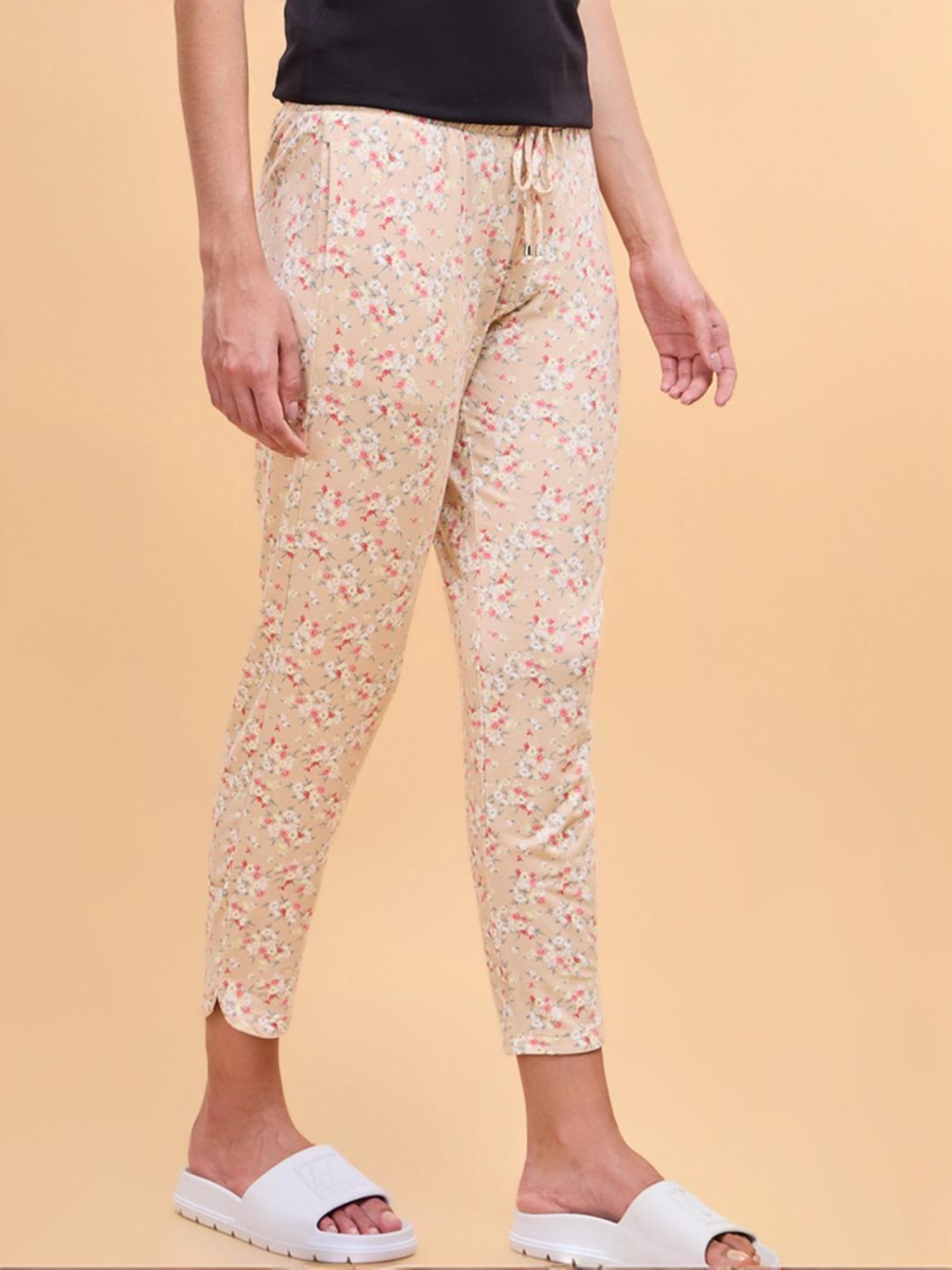 Enamor Beige Floral Print Lounge Track Pants