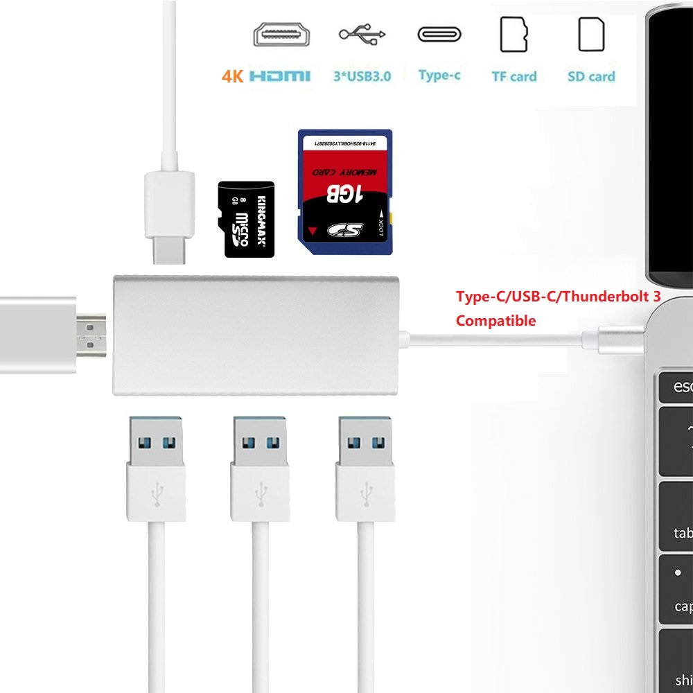 7 in 1 USB C HUB, Type-C to HDMI + PD + 3 x USB3.0 + SD/TF Dongle, Support SD/TF Card Reader, PD Fast Charging and 4K Ultra HD Video Output for New MacBook, ChromeBook and Surface.