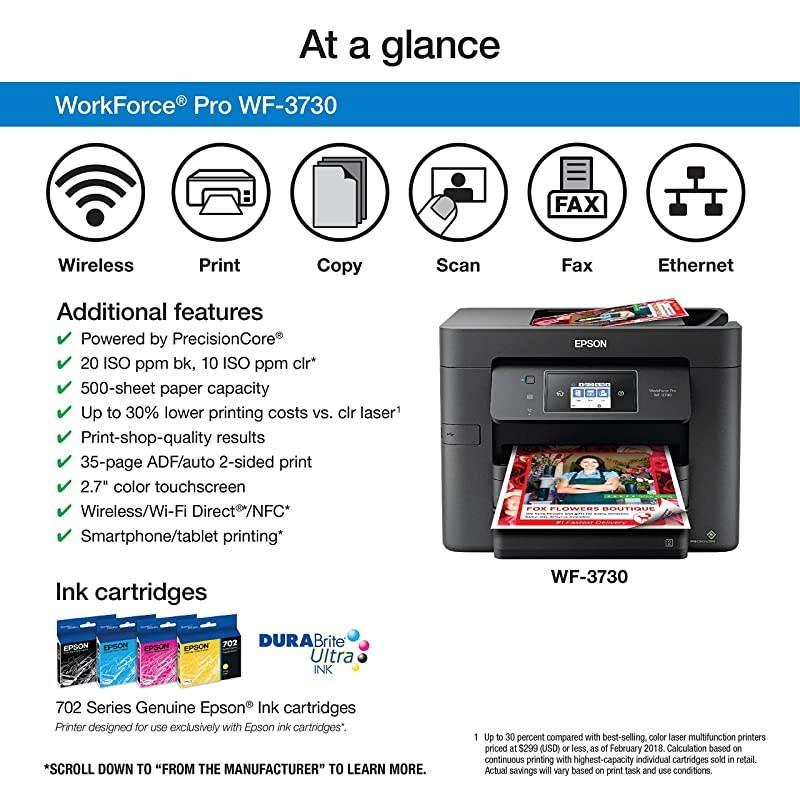WorkForce Pro WF-3730 All-in-One Wireless Color Printer with Copier, Scanner, Fax and Wi-Fi Direct,Black,10-1/2 x 7-1/2 x 6-1/2 in