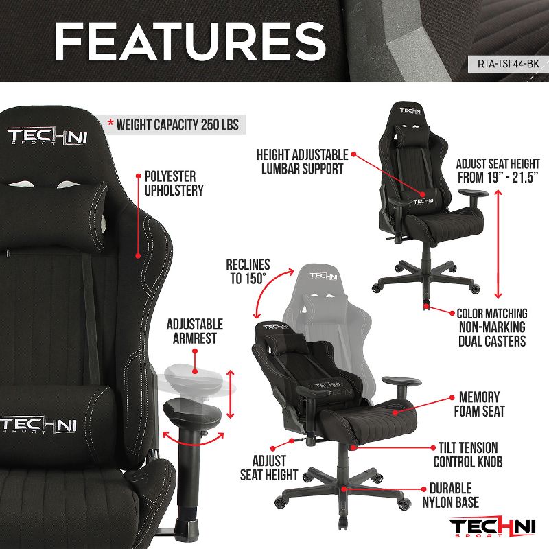 Fabric Ergonomic High Back Racer Style Video Gaming Chair Black - Techni Sport