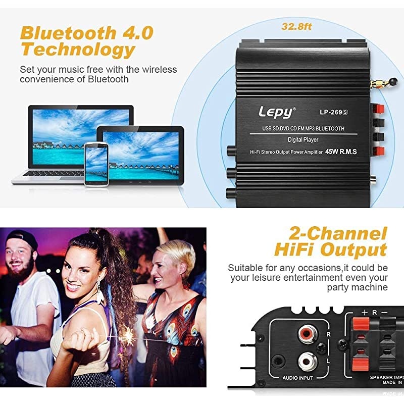 LP269S Audio Component Amplifiers Stereo Audio Power Amplifier HiFi Digital Stereo Amplifier 2 Channel Radio Booster with 12V 5A Power Suply