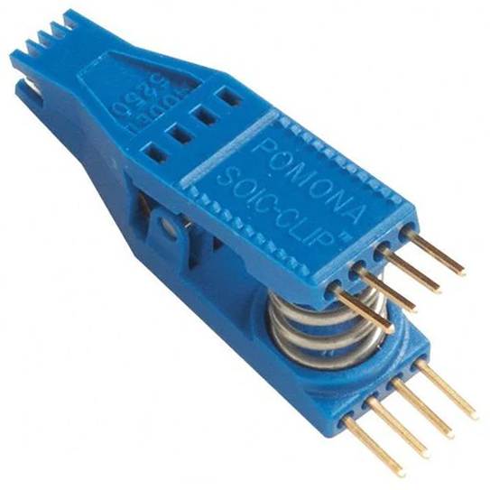 Pomona 5250 Test Clip SOIC Clip 8 Pins Low-profile fine-pitch chips, Densely populated boards, or vertical boards,
 IC Test Clip, SOJ, SOIC, 8 Contacts, 1.27 mm, Gold Plated Contacts