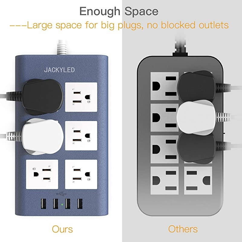 Long Extension Cord Surge Protector JACKYLED 15A Power Strip Flat Plug 6 Outlets 31A 4 USB Ports Fast Charging Fireproof Electric Outlet Desktop Charger for Home Office Kitchen Blue White