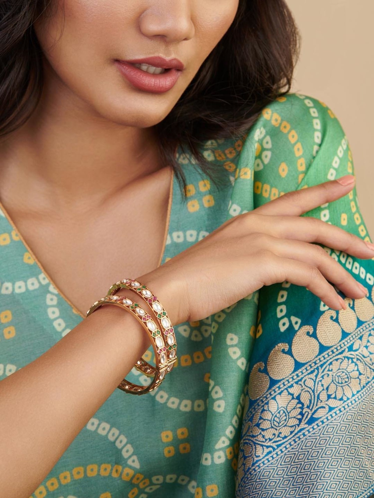 Curio Cottage Meira Red & Green Kundan Bangles for Women - Set of 2