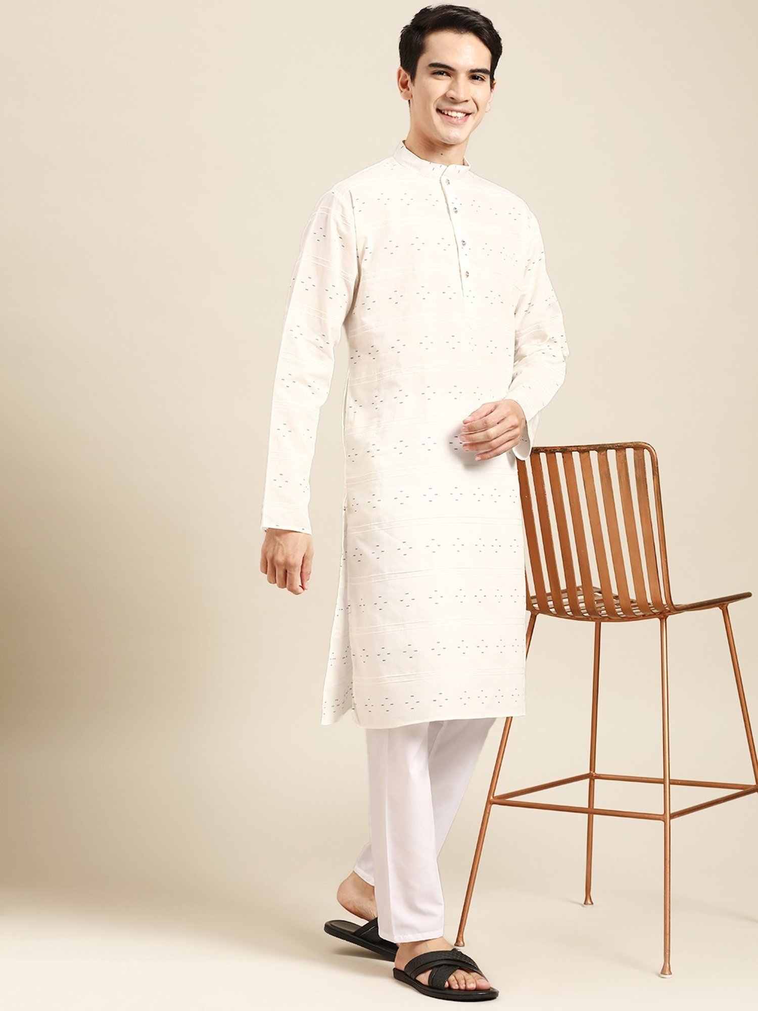 ManQ White Pure Cotton Regular Fit Printed Kurta