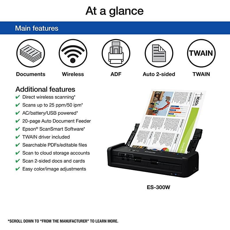WorkForce ES-300W Wireless Color Portable Document Scanner with ADF for PC and Mac, Sheet-fed and Duplex Scanning