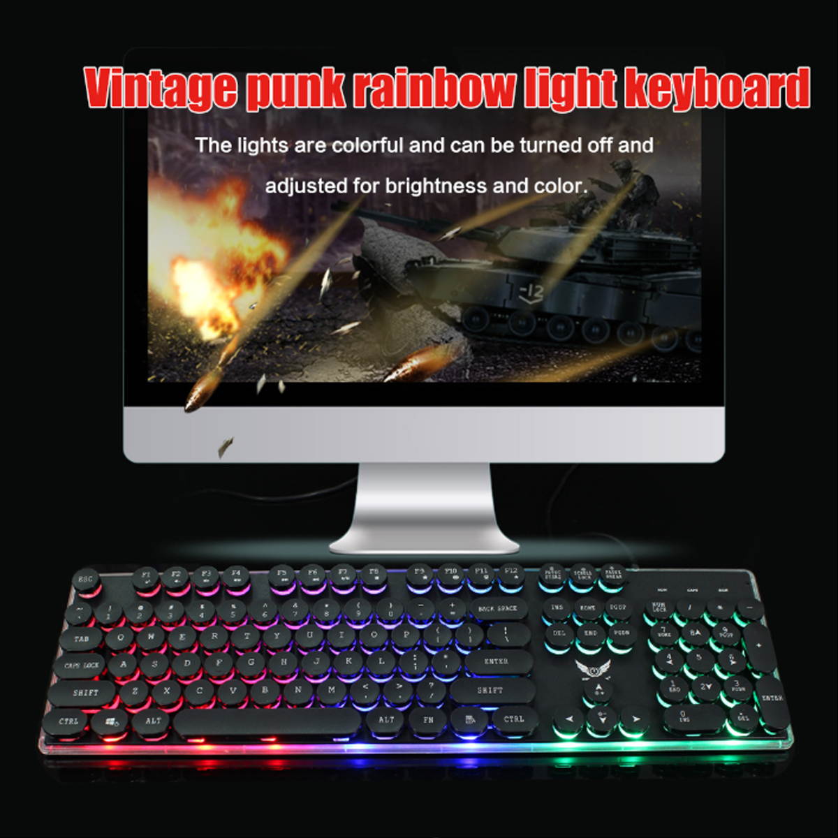 Gaming Keyboard 3 Color Backlit Keyboard USB Punk Keycaps Retro Style Gaming Competitive Office Notebook Gaming Keyboard, Black, GK28
