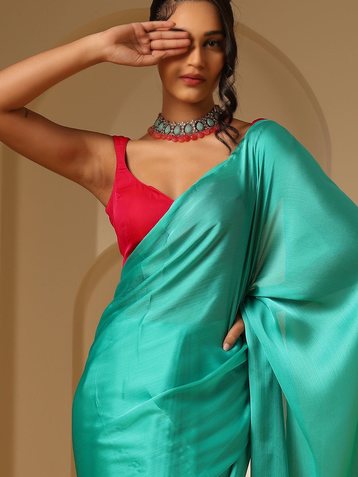 Swtantra Turquoise Chiffon Saree With Fuchsia Unstitched Blouse