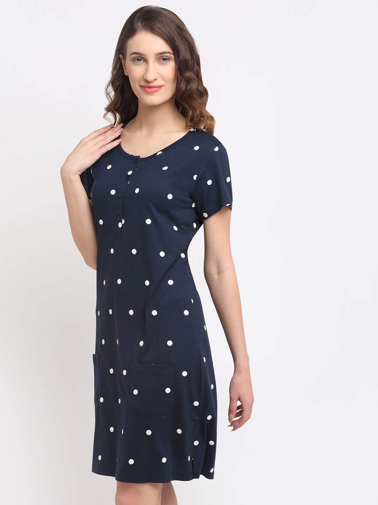 Kanvin Navy Blue Polka Dot Night Dress