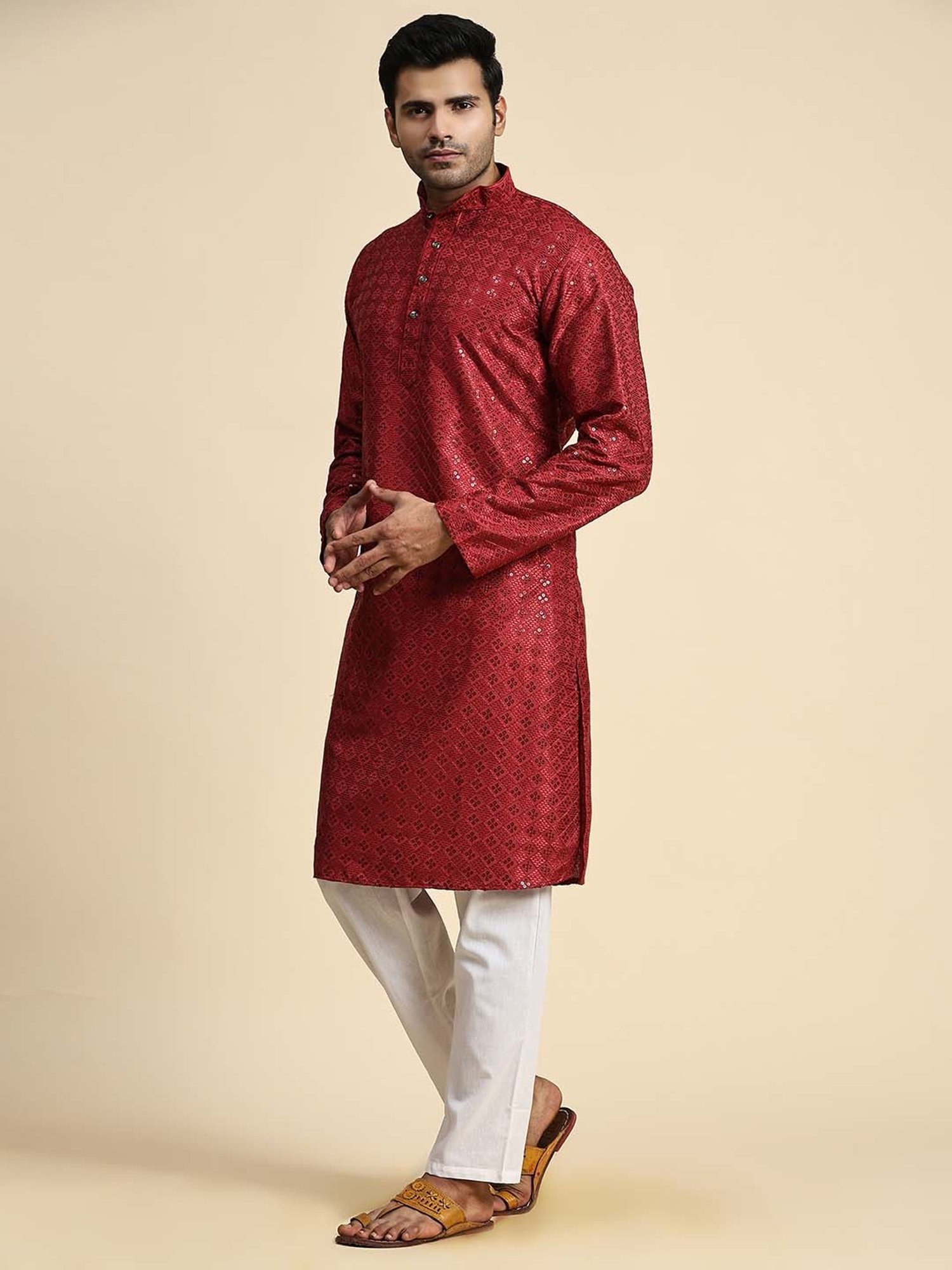 Pro-Ethic Style Developer Maroon & White Regular Fit Embroidered Kurta & Pyjamas Set