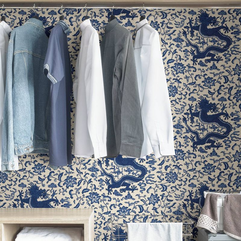 Brewster Indigo Chi'en Dragon Scalamandre Self Adhesive Wallpaper