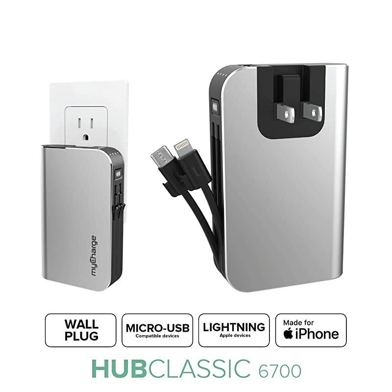 Portable Charger for iPhone Built in Cable Power Bank Fast Charging Hub 6700mAh Lightning, Micro USB, Wall Plug USB Battery Pack External Cell Phone Backup for Apple, Android, 36 Hrs Power