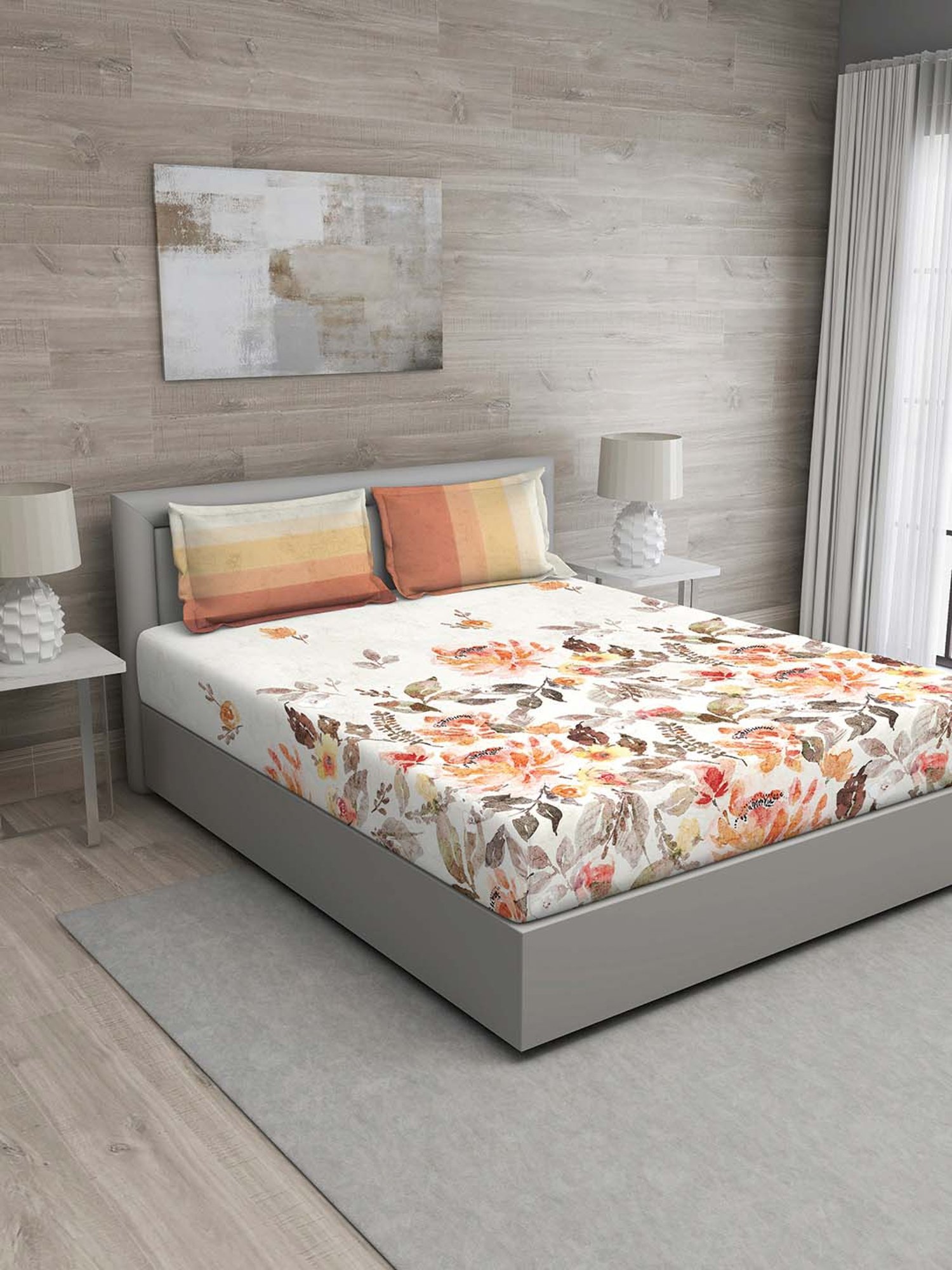 GM White & Orange 100% Cotton 144 TC Queen Bedsheet Set