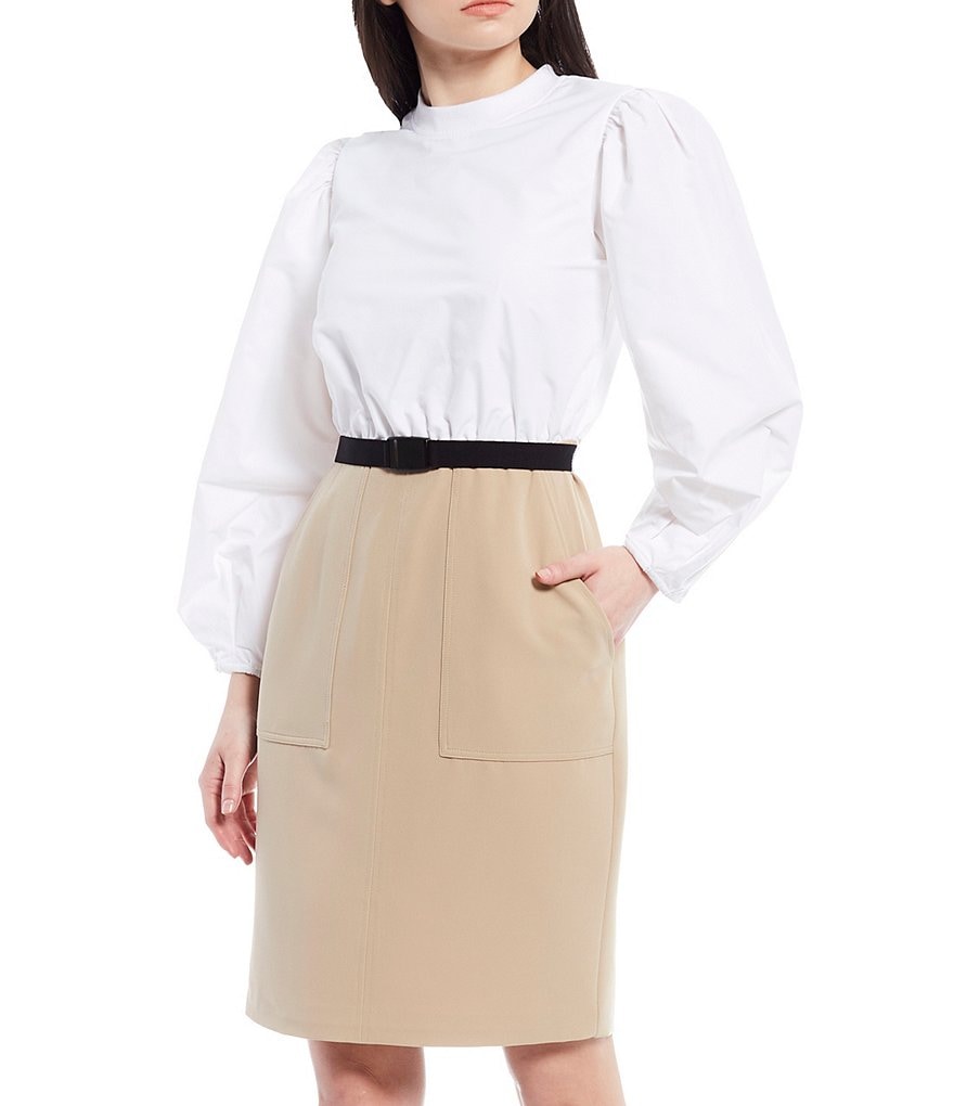 LDT Alecia Two-Tone Long Puffed Sleeve Belted Stretch Crepe Dress