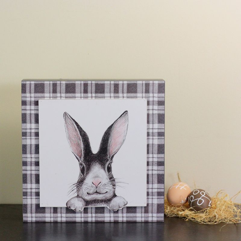 Raz Imports 10" Decorative Black and White Bunny Rabbit Drawing on Plaid Wall Art