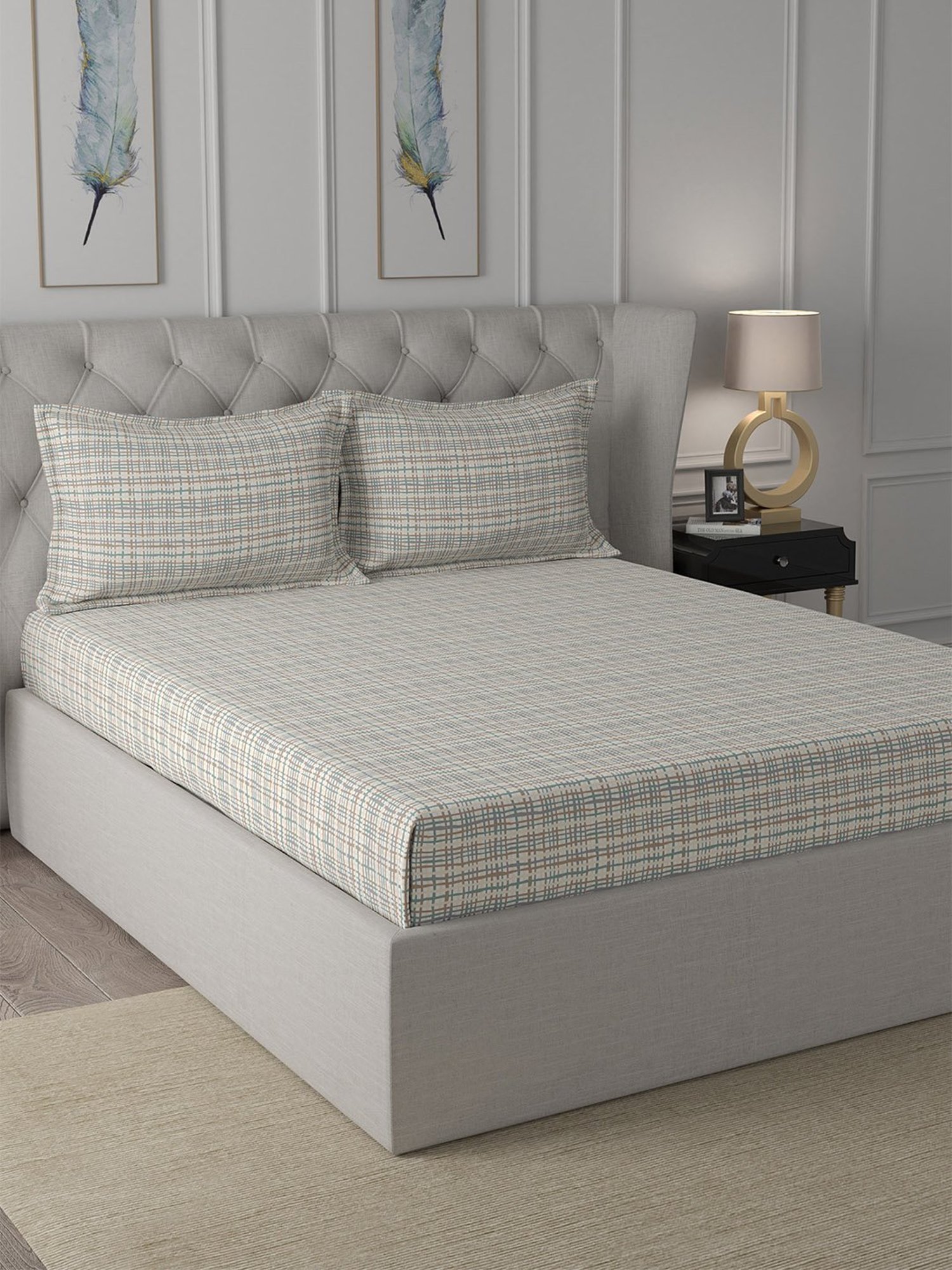 In-House by Maspar Neutral 200 TC Cotton Printed Bed Sheet with 2 Pillow Cover