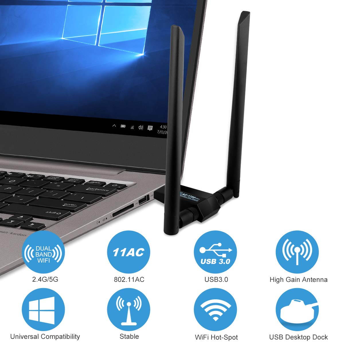 1750Mbps Wireless USB Wifi Adapter, AC1750 Dual Band 2.4GHz/450Mbps 5GHz/1300Mbps wifi Lan Card,802.11 ac/a/b/g/n, Dual High Gain Dual 5dBi Antennas Network dongle for Windows XP/7/8/10,MAC OS X