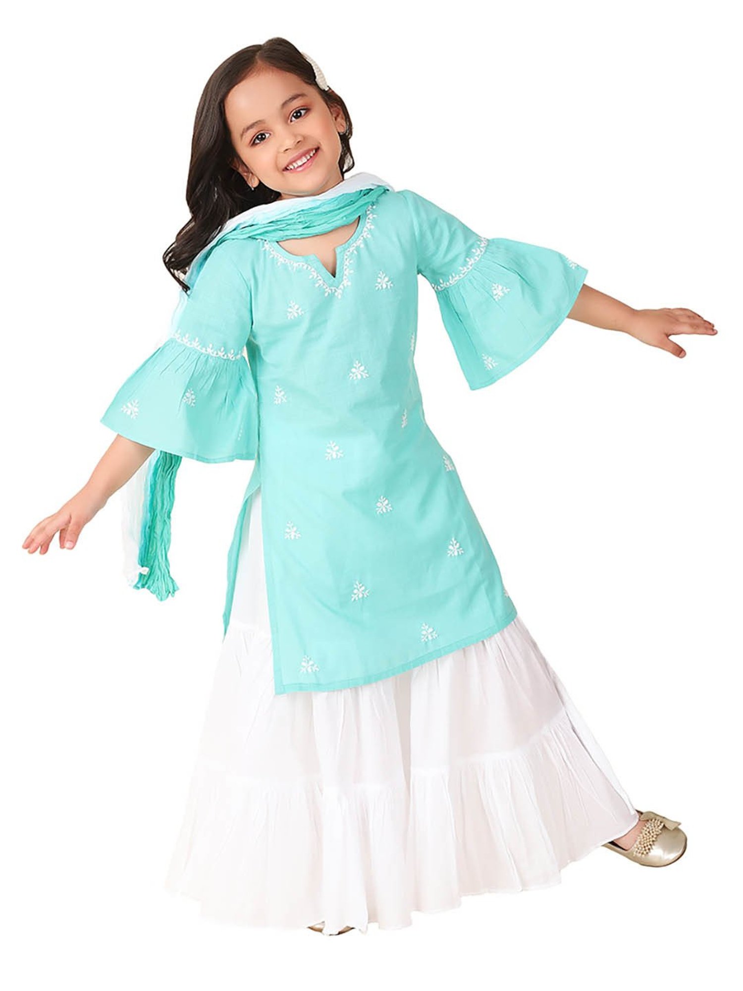 Fabindia Kids Light Blue & White Embroidered Kurta, Sharara with Dupatta