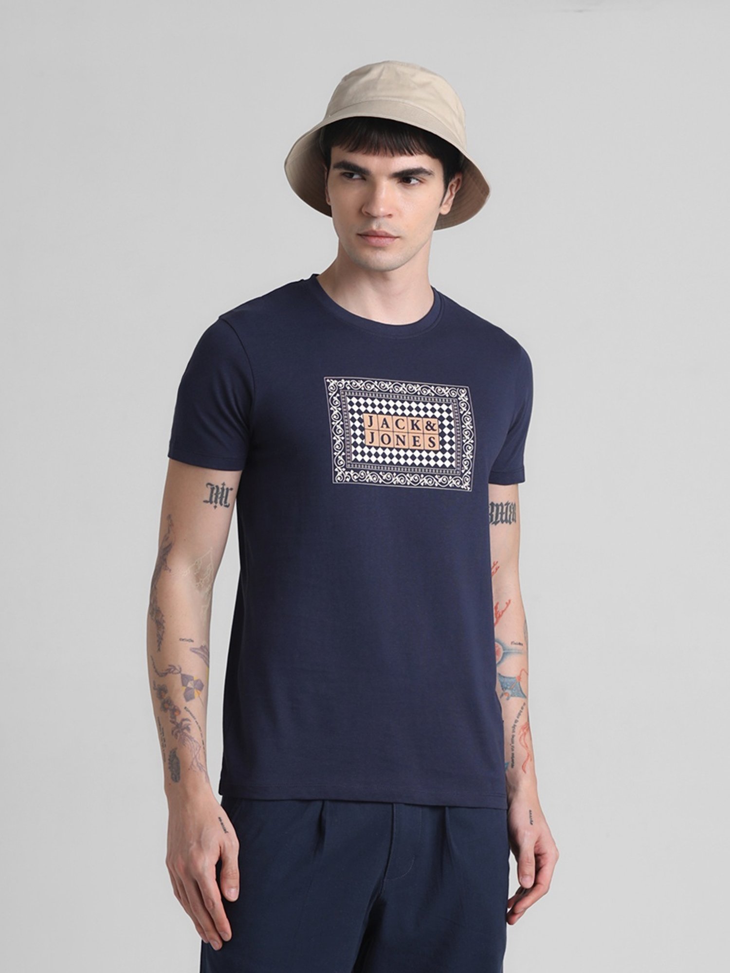 Jack & Jones Navy Blue Cotton Slim Fit Printed T-Shirt