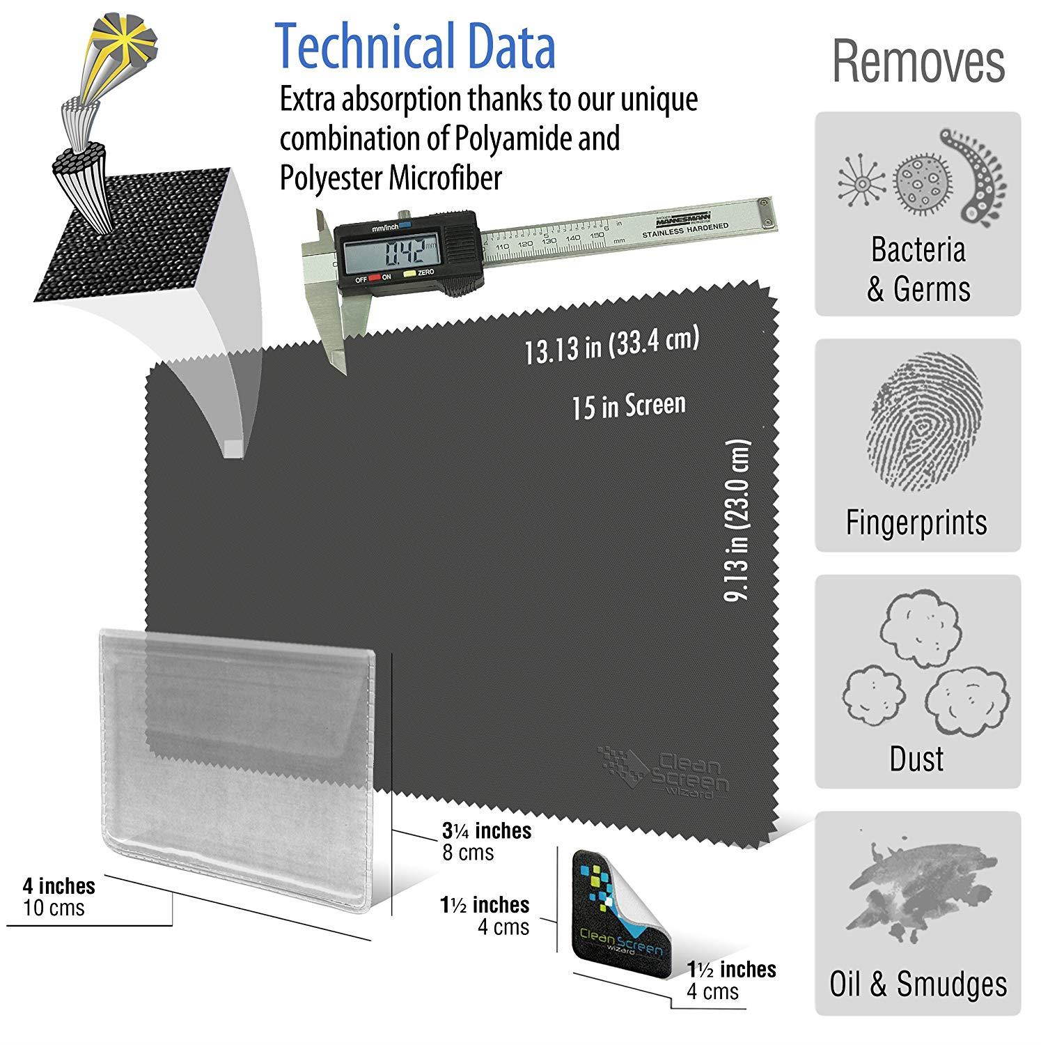 Clean Screen Wizard Microfiber Screen Keyboard Cleaner and Screen Keyboard Protector- 4 Pack (3 X-Large Cloths/Keyboard Covers & Microfiber Sticker for MacBook Pro 15, Laptops 15" Screen