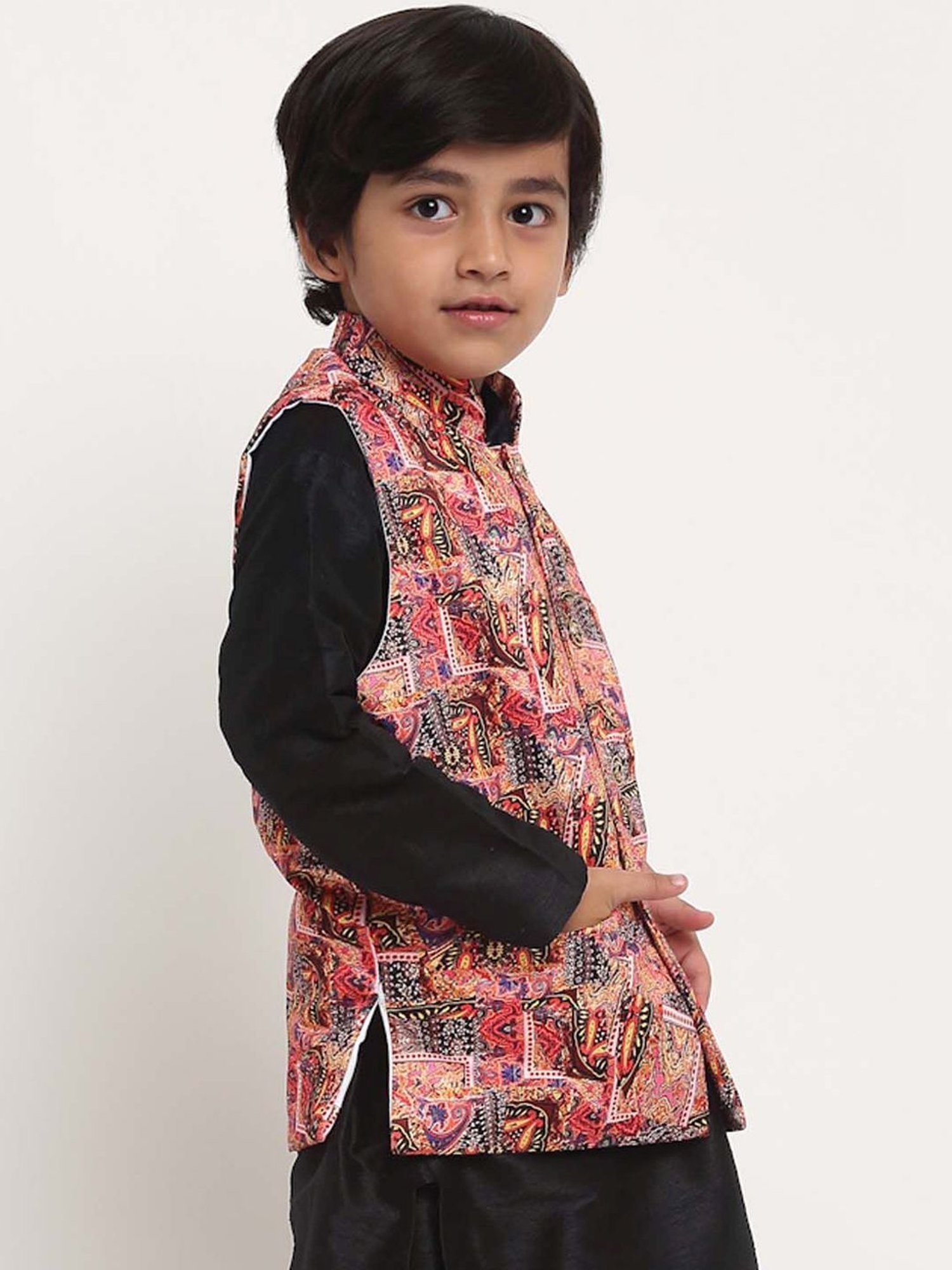 Benstoke Kids Pink & Yellow Printed Nehru Jacket