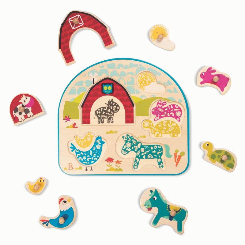 B. toys Wooden Peg Puzzle Animal Barnyard 9pc