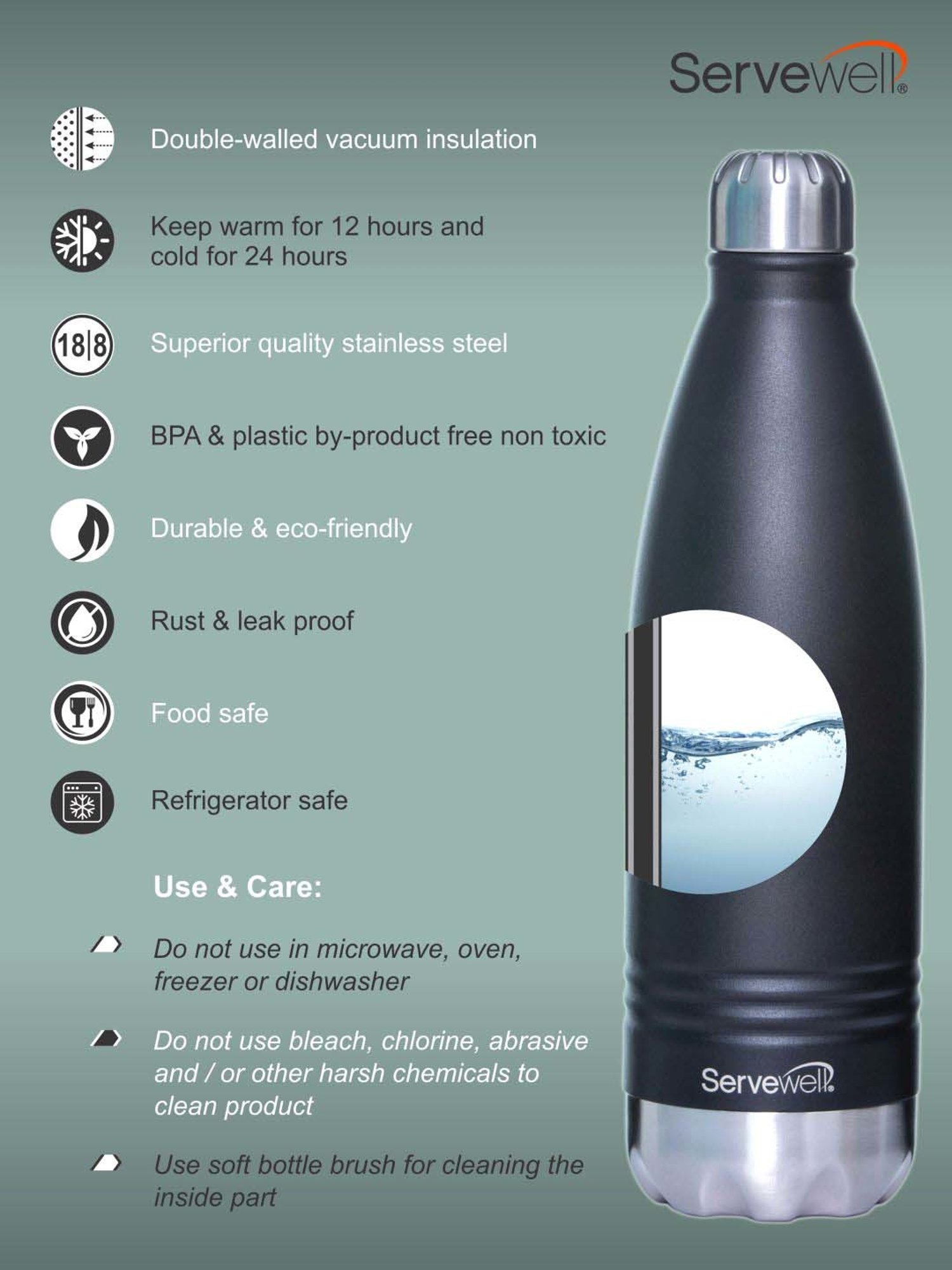 Servewell Jet Black Steel Indus Vacuum Bottle (1 L)