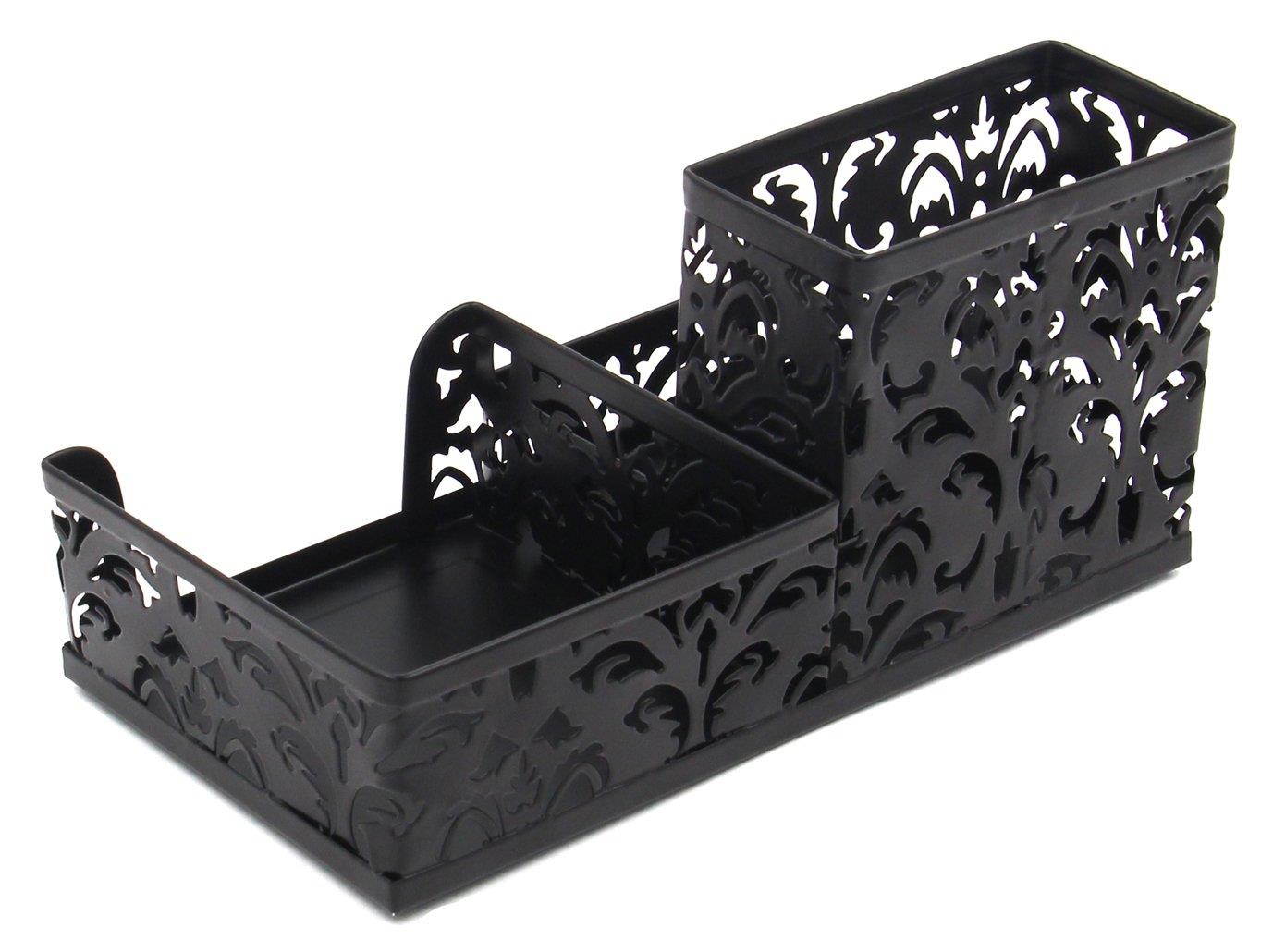 EasyPAGMetal 3 Compartment Desk Organizer with Hollow Flower Pattern Design,Black