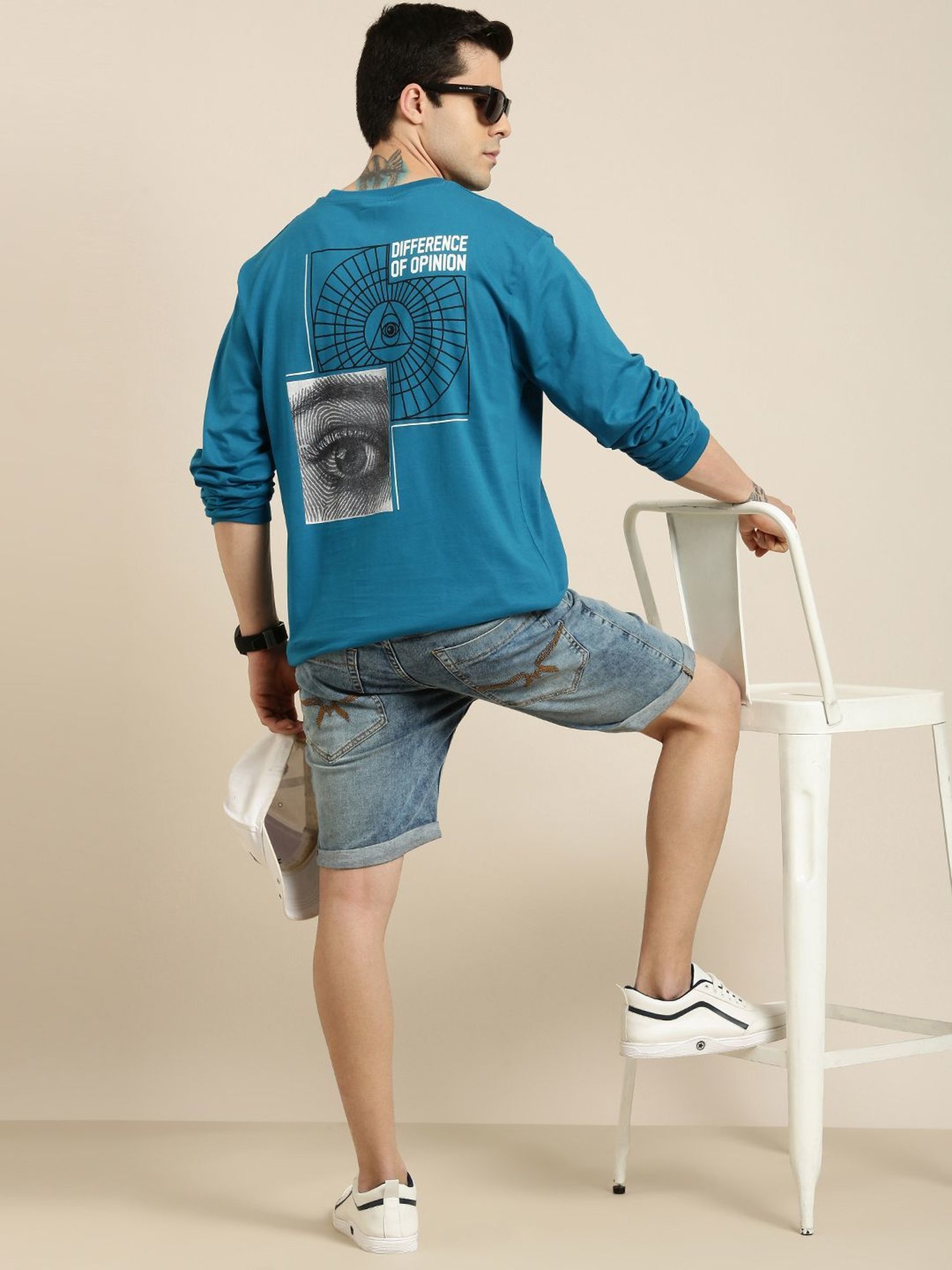 Difference of Opinion Blue Cotton Loose Fit Printed T-Shirt