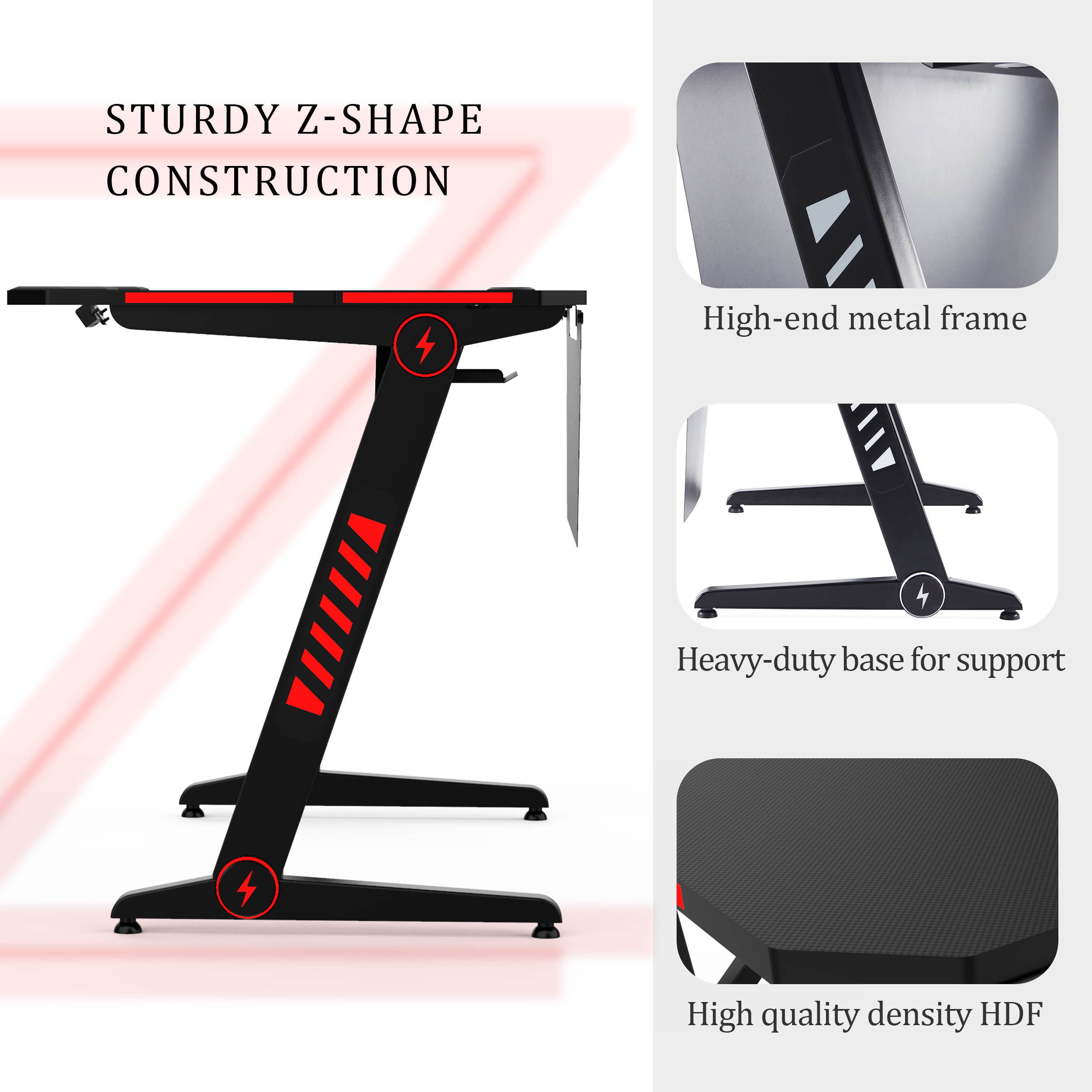 Gaming Desk Plus Home Office PC Computer Gamer Desks with RGB LED Lights Headphone Hook Black