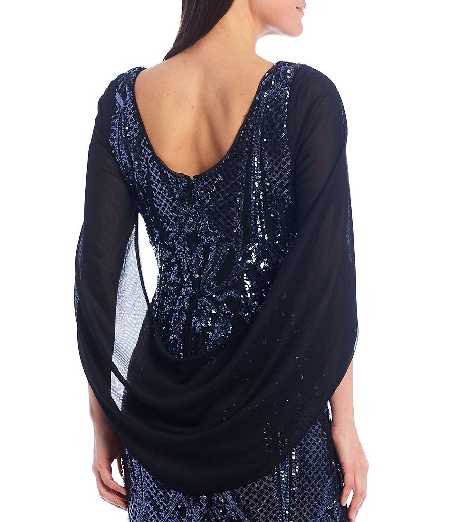 R & M Richards Drape Back Beaded Stretch Mesh Gown