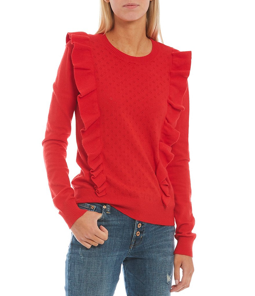 Sugarlips Pointelle Waterfall Ruffle Long Sleeve Crew Neck Sweater