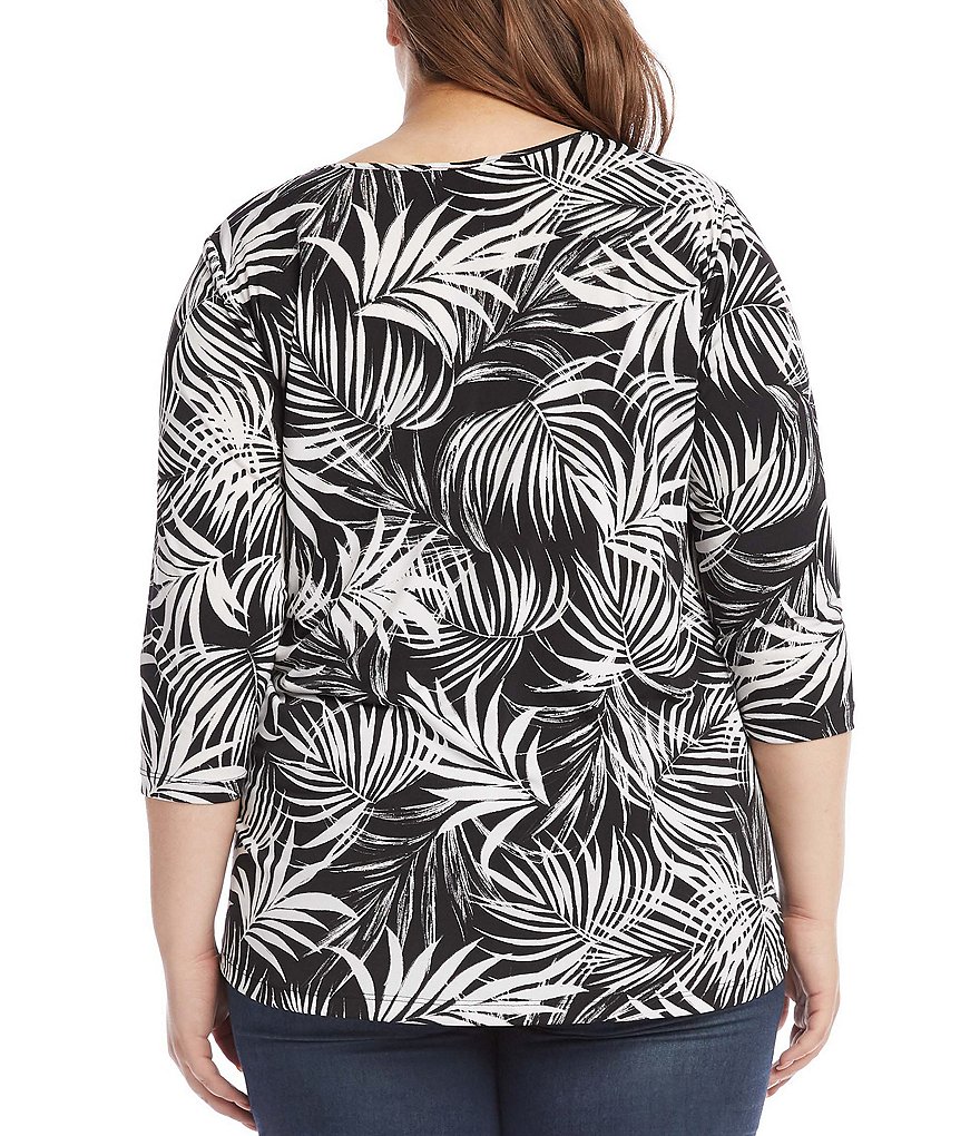 Karen Kane Plus Size Monochromatic Palm Print Jewel Neck Sheer Crossover Hem 3/4 Sleeve Top