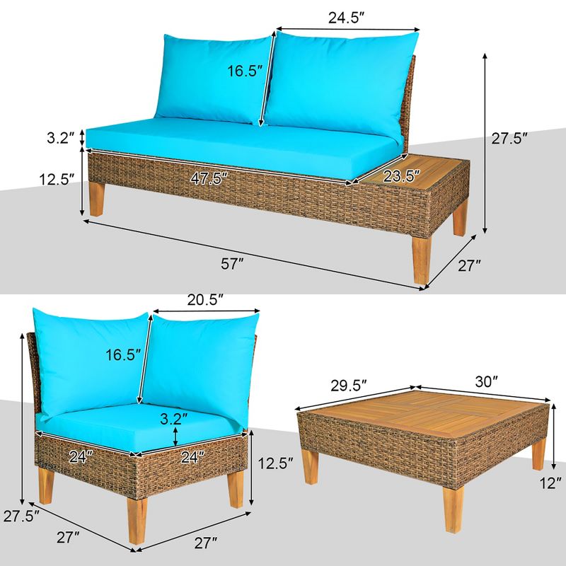 Costway 8PCS Patio Rattan Furniture Set Loveseat w/Wooden Side Table Cushioned Turquoise