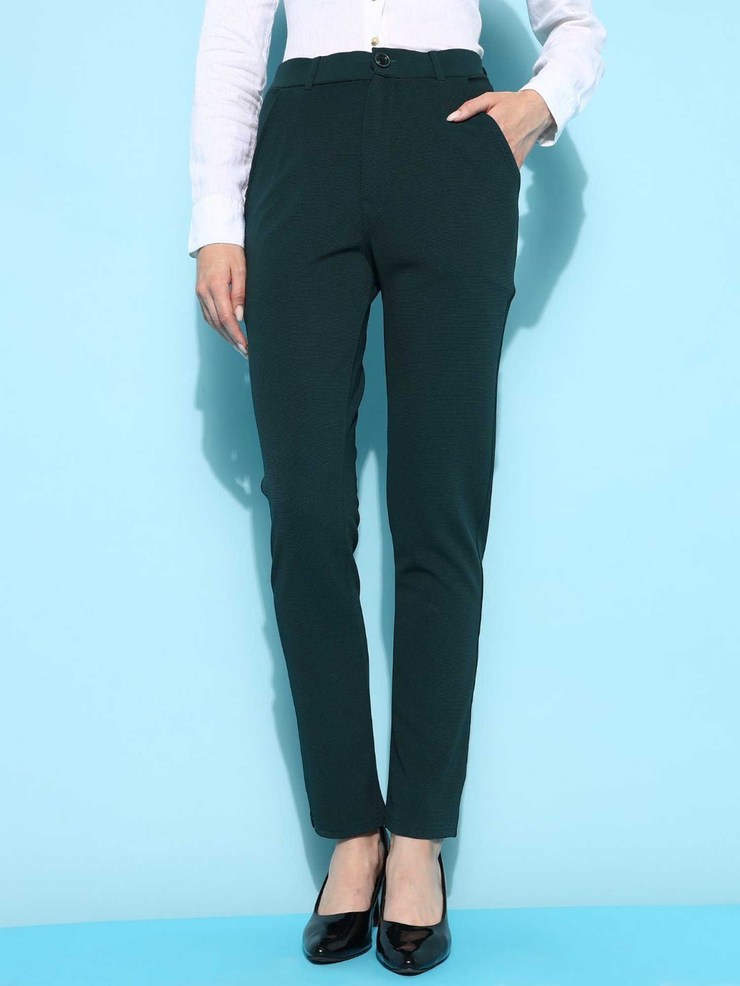 FITHUB Green Slim Fit High Rise Trousers