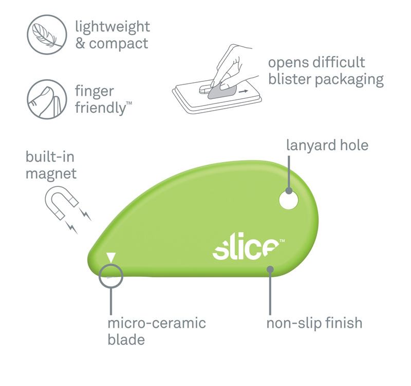 slice Safety Cutters, Fixed, Non Replaceable Micro Safety Blade, Ceramic, Green 00200