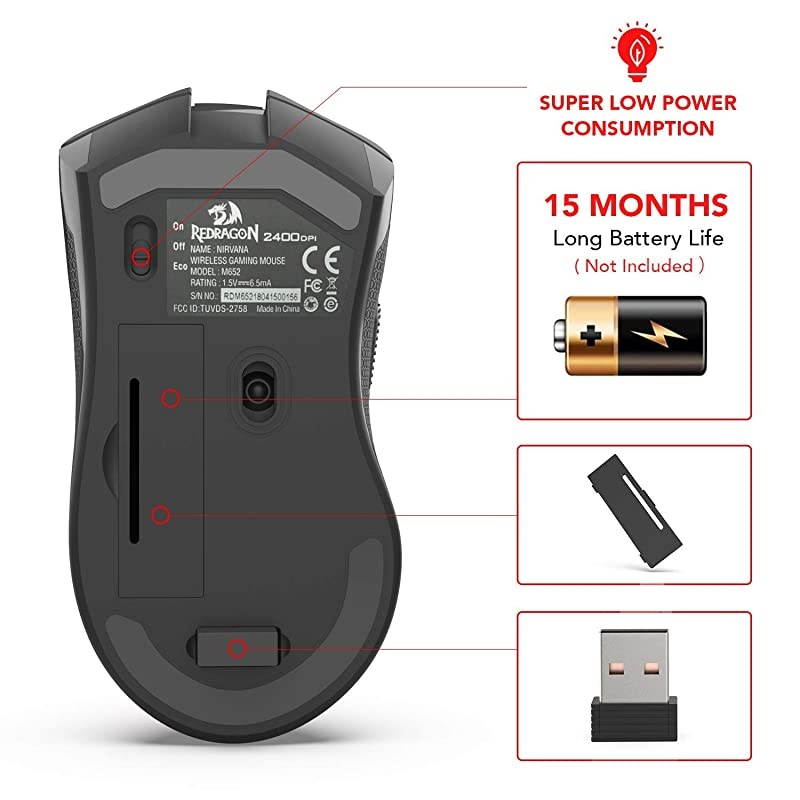 M652 Optical 24G Wireless Mouse with USB Receiver Portable Gaming Office Mice 5 Adjustable DPI Levels 6 Buttons for Desktop MacBook Notebook PC Laptop Computer
