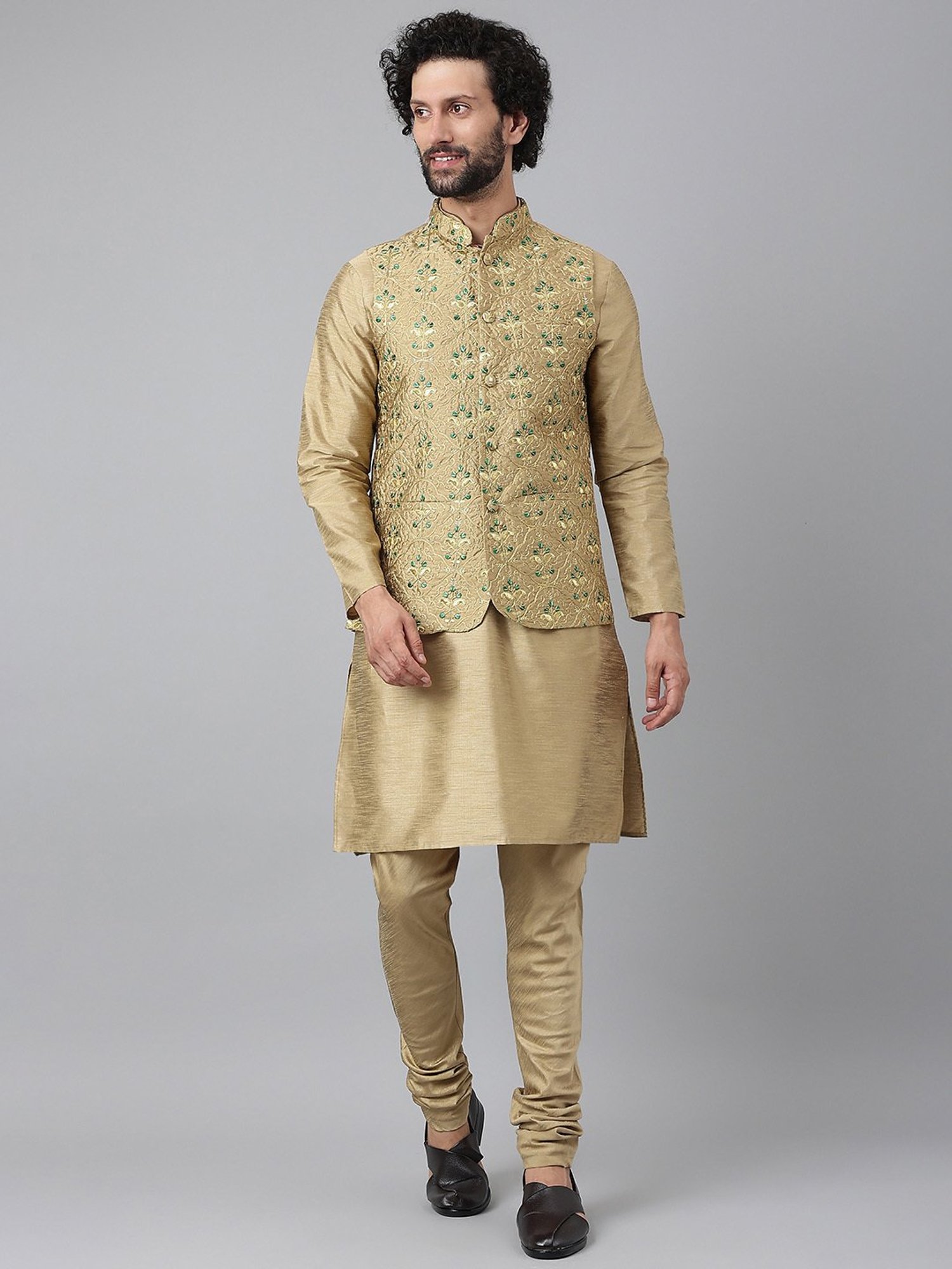 Hangup Khaki Embroided Kurta & Churidar Set With Nehru Jacket
