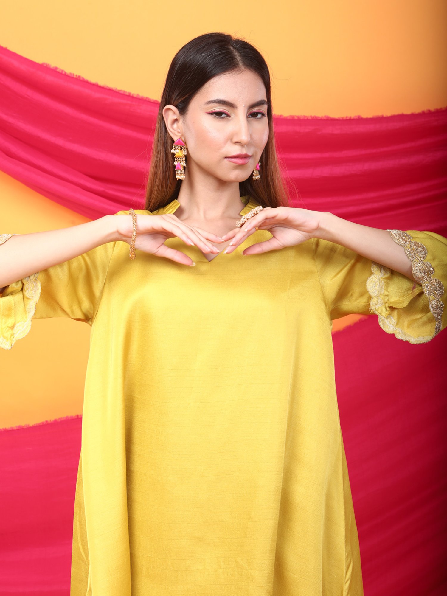 Monk & Mei Nusrat Assymetrical Kurta and Pant Co-ord Set-Canary Yellow and gold