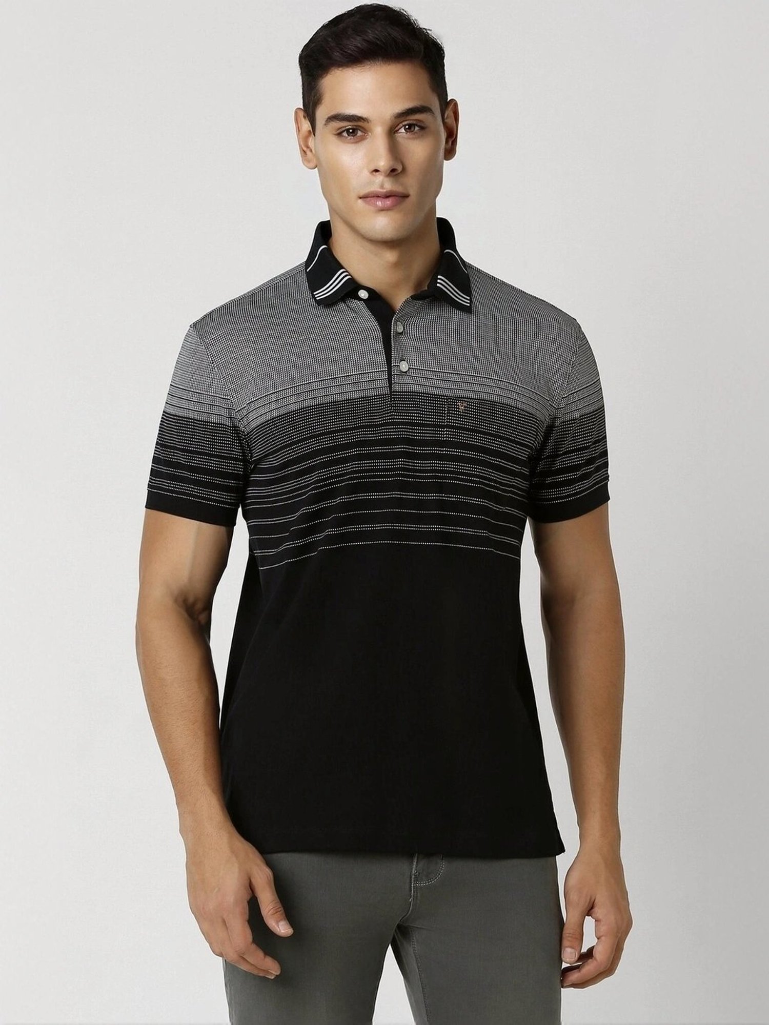 Van Heusen Sport Black Cotton Regular Fit Striped Polo T-Shirt